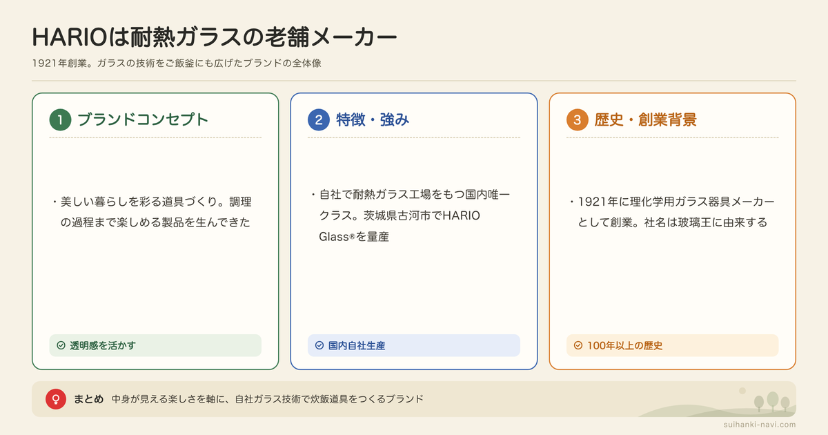 HARIOとはどんなご飯釜ブランドかの図解: ブランドコンセプト、特徴・強み、歴史・創業背景