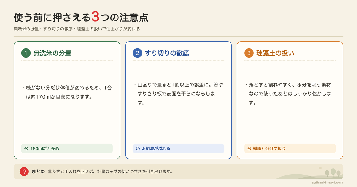 お米用計量カップを使うときの注意点の図解: 無洗米の分量、すり切りの徹底、珪藻土の扱い