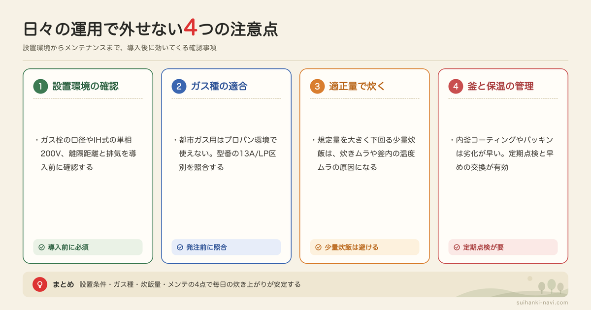 業務用炊飯器を使うときの注意点の図解: 設置環境の確認、ガス種の適合、適正量で炊く、釜と保温の管理