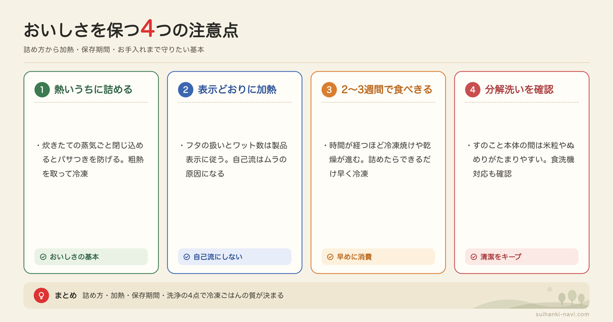 冷凍ごはん容器を使うときの注意点の図解: 熱いうちに詰める、表示どおりに加熱、2〜3週間で食べきる、分解洗いを確認