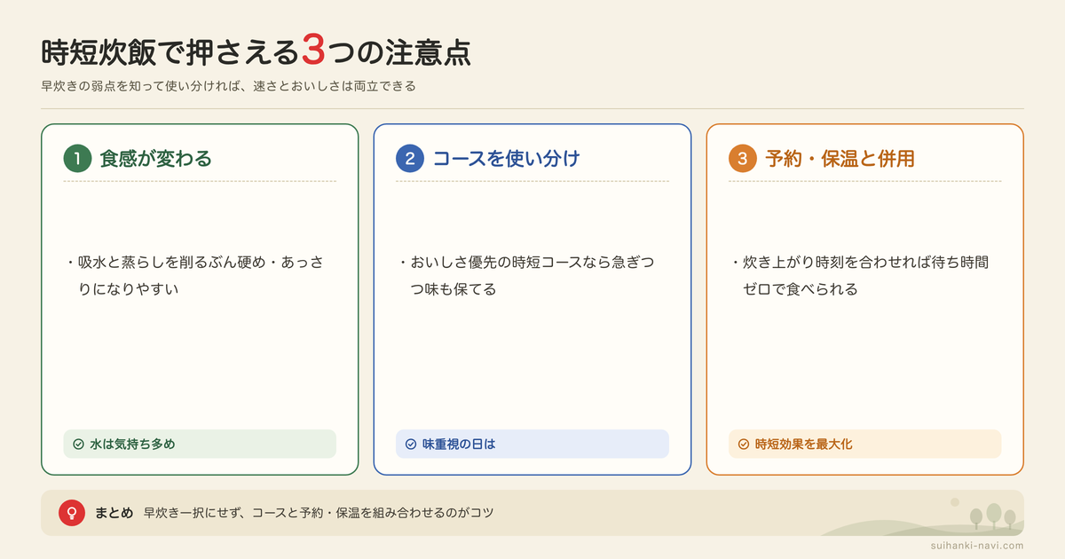 早炊き・時短炊飯器を使うときの注意点の図解: 食感が変わる、コースを使い分け、予約・保温と併用